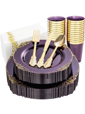 Elegant Purple and Gold Disposable Party Dinnerware Set 175PCS